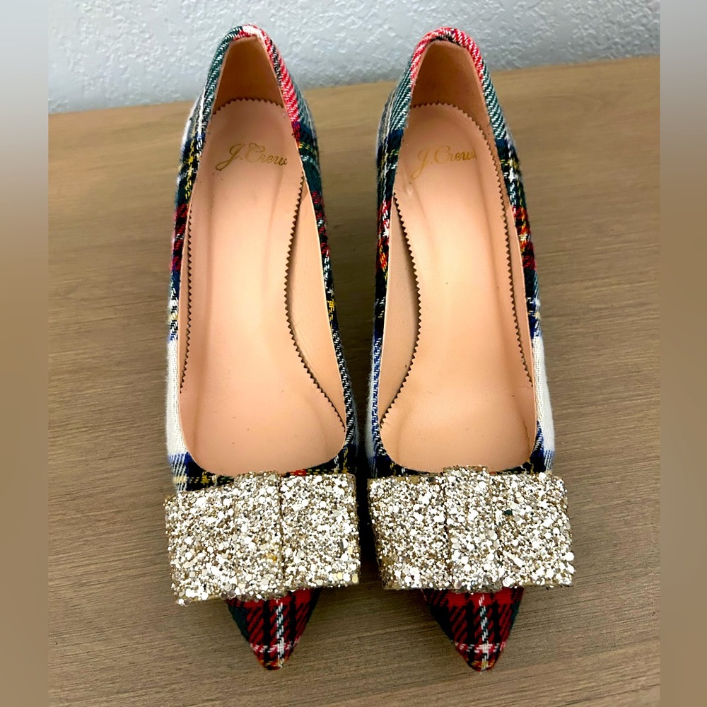 I.Crew Colette pumps in snowy Stewart tartan with glitter bow detail, size 7.5